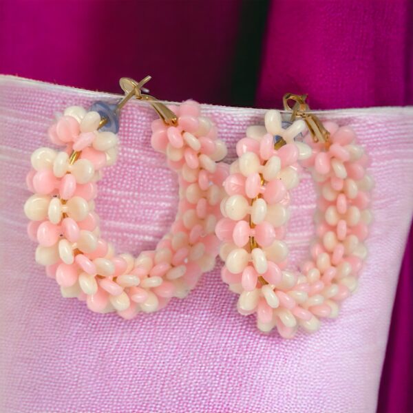 Pink and White Beaded Hoop Earrings